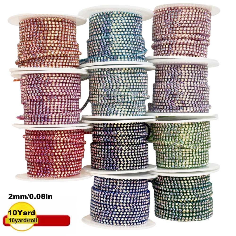 Sew On Rhinestone - 9mの新しい2mmクリスタルABラインストーンカップチェーン、カラフルな底面ガラス縫い付けクリスタルカップチェーン、アパレルラインストーントリム、DIYドレス