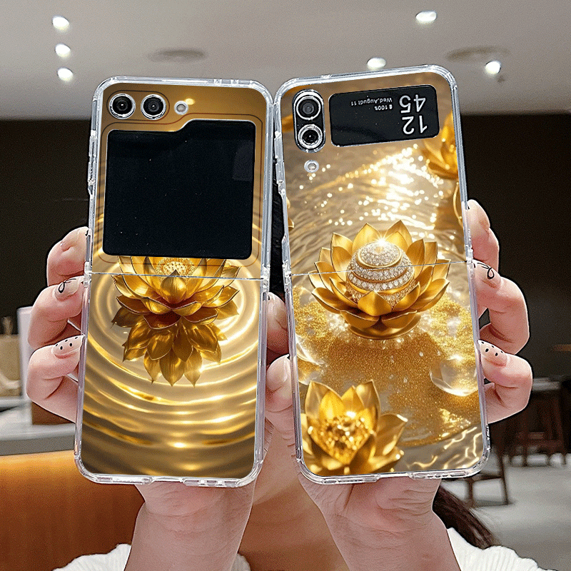 Embroidery Embellishments - クリエイティブな金色の蓮の花模様のスマホケース、Samsung Galaxy Z Flip 7 Flip