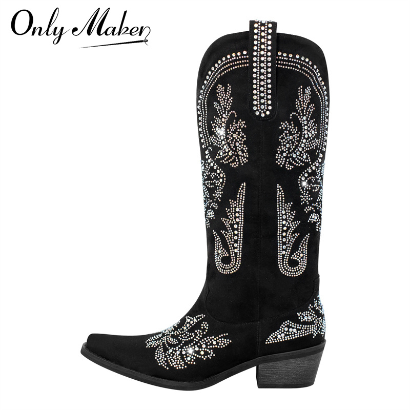 Sew On Rhinestone - Onlymaker-ラインストーン付きの先のとがったブーツ,女性用のカウボーイブーツ,ハーフカーフブーツ,ブラック