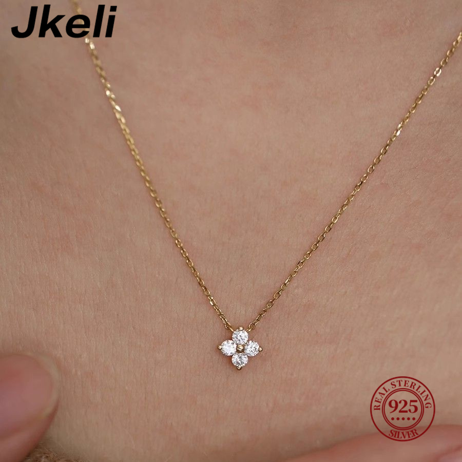 Pearl Trim Chain - Jkeli-925スターリングシルバーメッキネックレスK14ゴールド四つ葉クローバー小さなネックレス、女性の鎖骨チェーン、誕生日プレゼント
