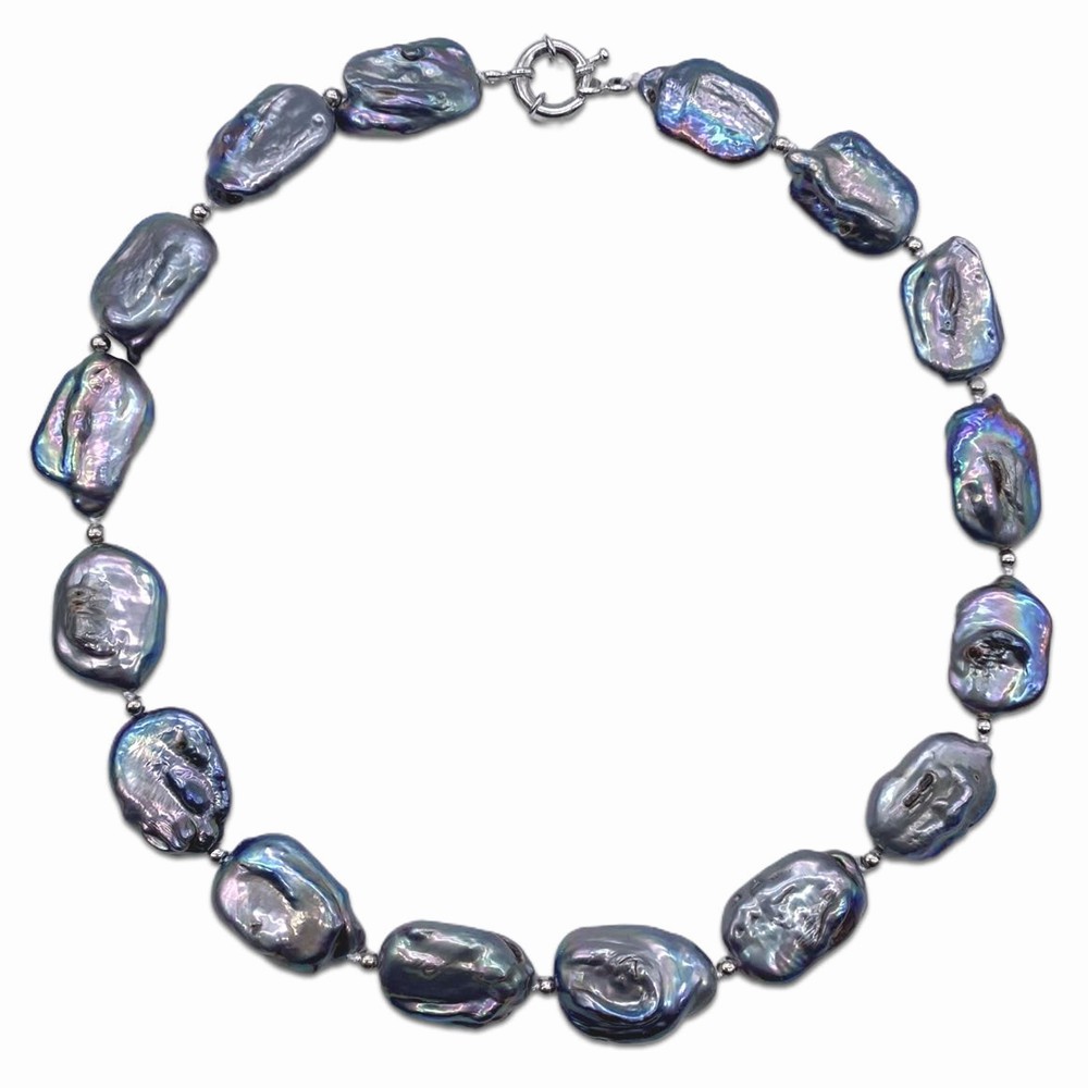 Pearl Trim Chain - 黒の孔雀の青いフラットパールネックレス、不規則な長方形の真珠、天然淡水養殖、22mm