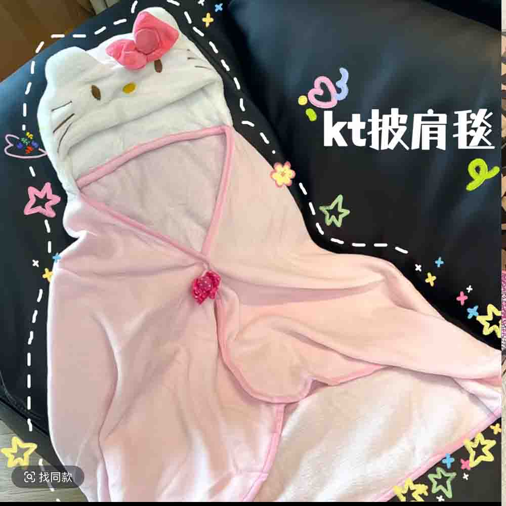 Embellish Knit - かわいいハローキティのマントショール、エアコンブランケット、フード付き学生寮オフィスブランケット、家庭用品、主婦向け