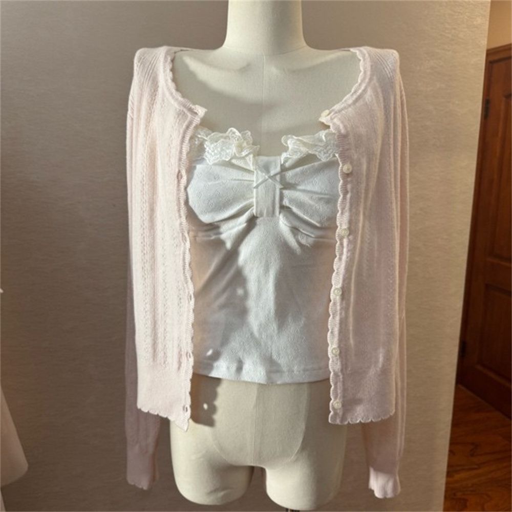 フレンチスタイルの甘いレーストリムキャミソール+ピンクの長袖 - Elastic Lace Trim のレビューと価格