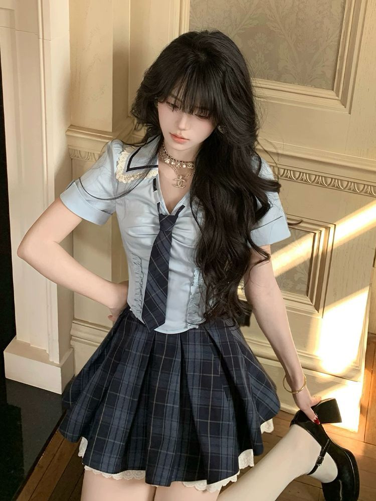 サマーニュープレッピーY2Kツーピースセット レディース ス - Elastic Lace Trim のレビューと価格