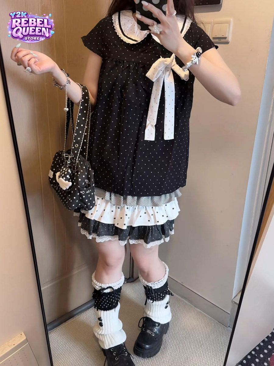 Y2Kカワイイ和風水玉柄ツーピースセット レディース ドール - Lace Ribbon Trim のレビューと価格
