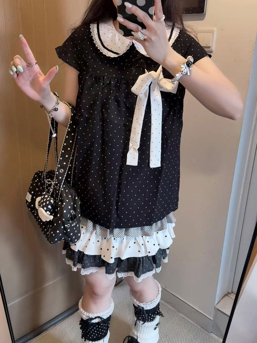Y2Kカワイイ和風水玉柄ツーピースセット レディース ドール - Lace Ribbon Trim のレビューと価格