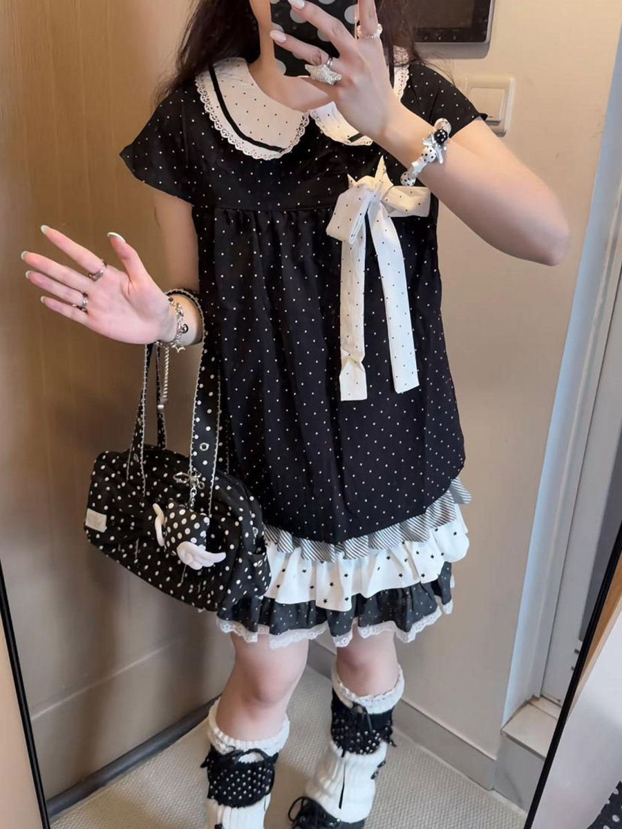 Y2Kカワイイ和風水玉柄ツーピースセット レディース ドール - Lace Ribbon Trim のレビューと価格