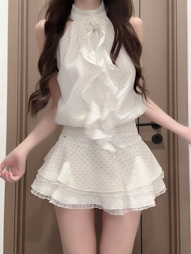 フランス風スイートポルカドット柄2ピースセット レディース  - Elastic Lace Trim のレビューと価格