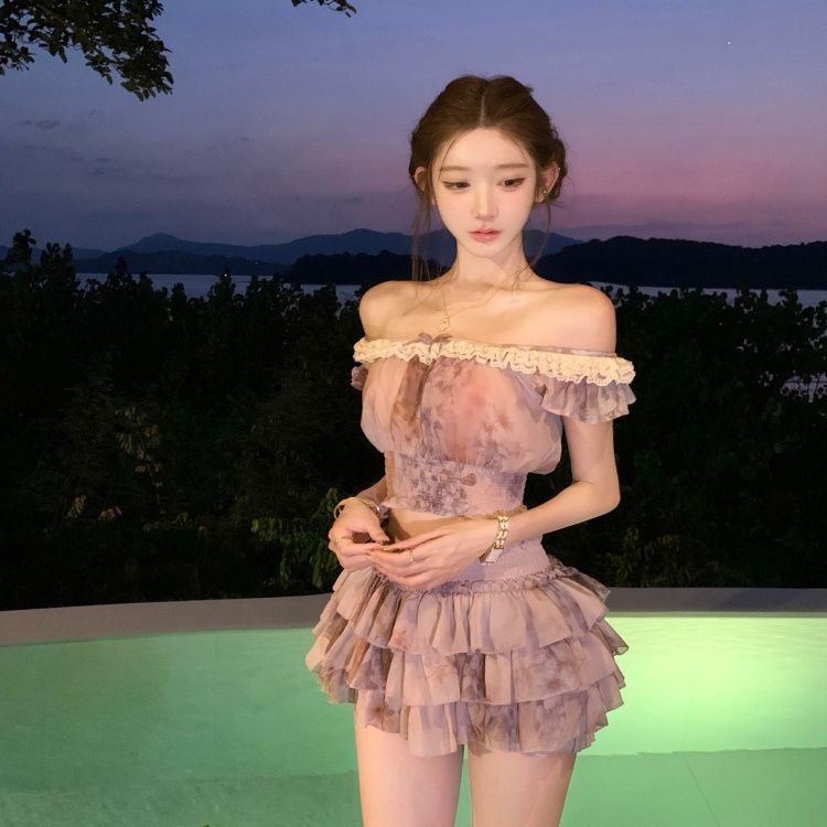 フレンチスウィートコケットオフショルダーレーストリム花柄プリ - Elastic Lace Trim のレビューと価格
