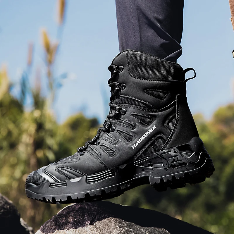 男性の屋外ハイキング戦術ブーツ足首デザートブーツスポーツ登山 - Guipure Lace Panel のレビューと価格
