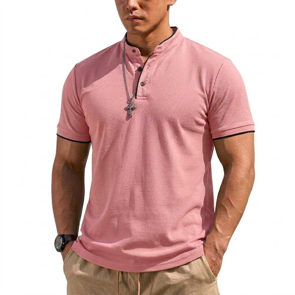 夏半袖ヘンリーシャツ男性ボタンポロシャツクラシック襟なし T - Embellish Knit のレビューと価格