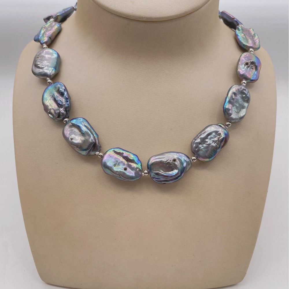 黒の孔雀の青いフラットパールネックレス、不規則な長方形の真珠 - Pearl Trim Chain のレビューと価格