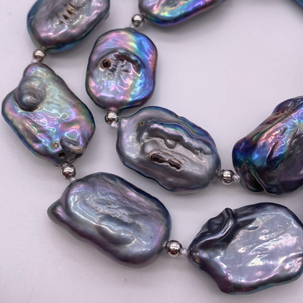 黒の孔雀の青いフラットパールネックレス、不規則な長方形の真珠 - Pearl Trim Chain のレビューと価格
