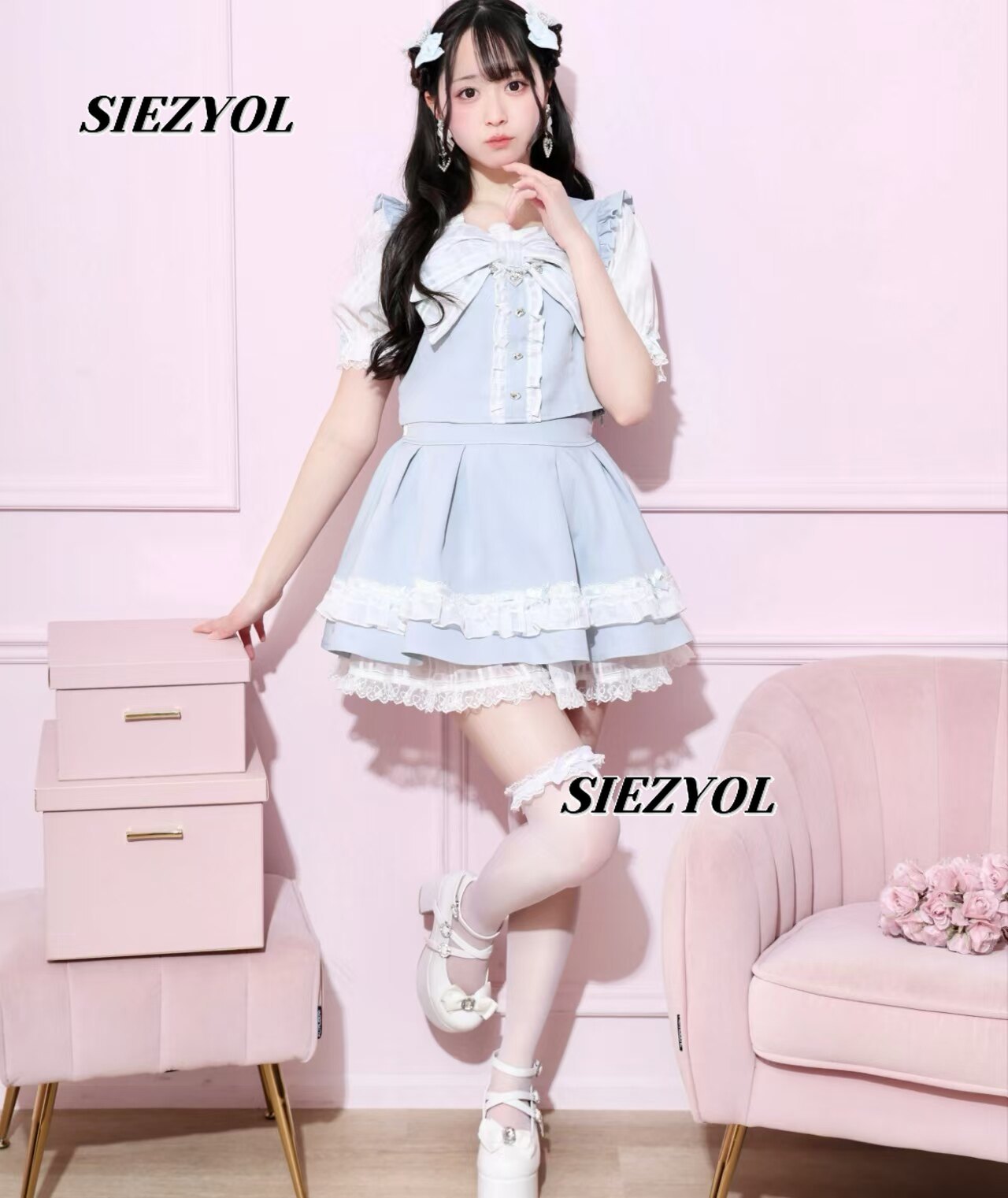 甘くてキュートな女の子向けツーピースセット。大きなリボン付き - Elastic Lace Trim のレビューと価格